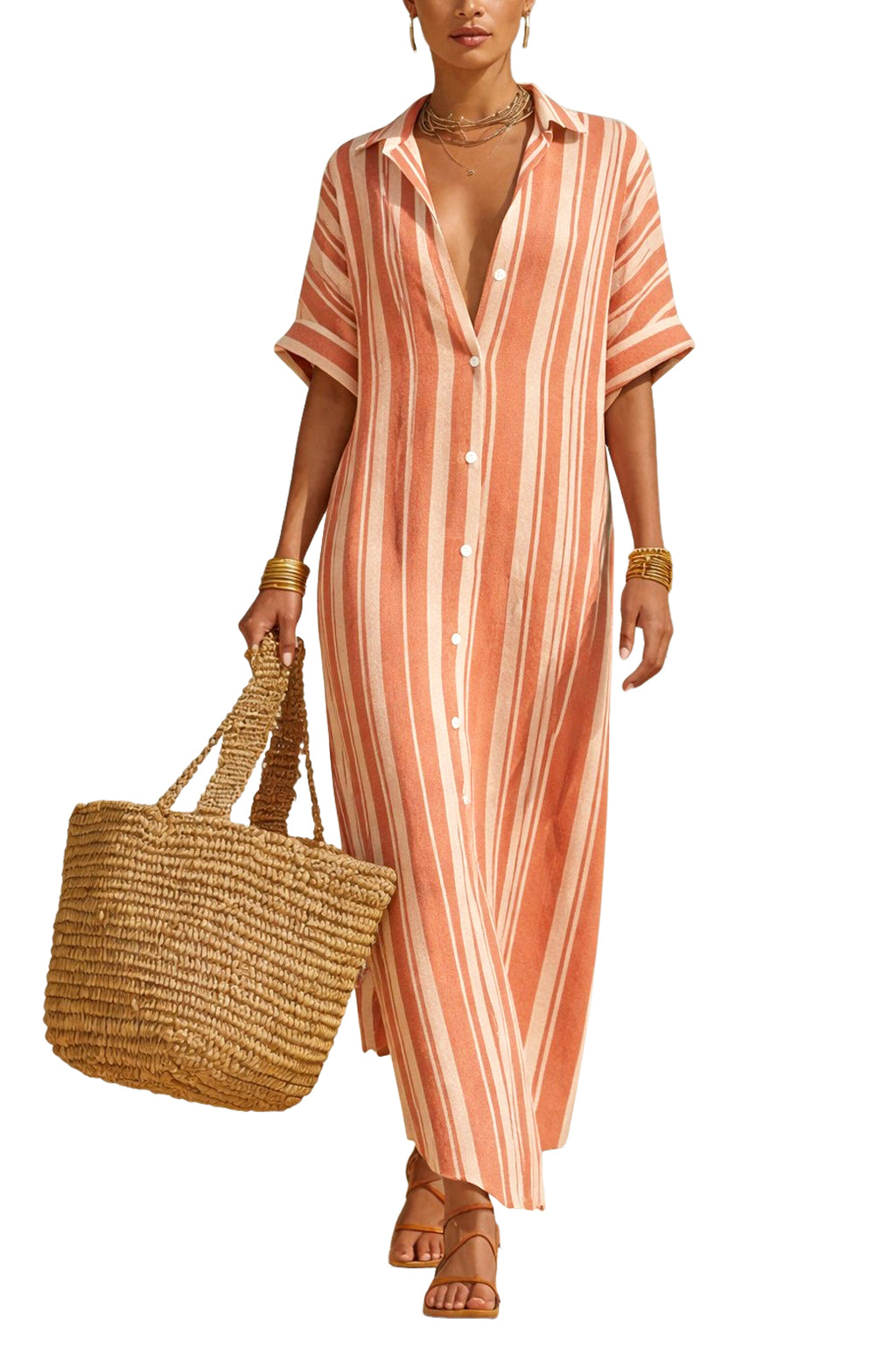 CHOUYATOU Women's Summer Boho Striped Cotton Linen Dress Short Sleeve Lapel Collar Beach Maxi Shirt Dress