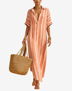 CHOUYATOU Women's Summer Boho Striped Cotton Linen Dress Short Sleeve Lapel Collar Beach Maxi Shirt Dress