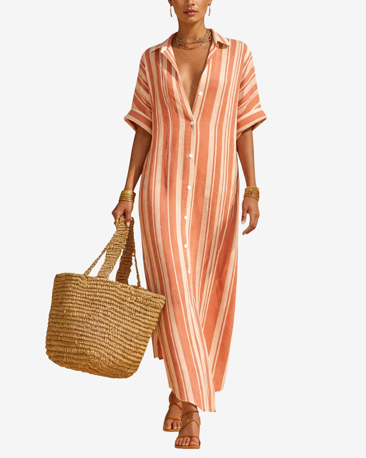 CHOUYATOU Women's Summer Boho Striped Cotton Linen Dress Short Sleeve Lapel Collar Beach Maxi Shirt Dress