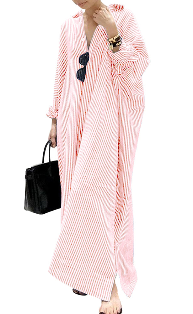 Chouyatou Women's Casual Long Sleeve Button Down Loose Striped Cotton Maxi Shirt Dress