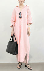 Chouyatou Women's Casual Long Sleeve Button Down Loose Striped Cotton Maxi Shirt Dress