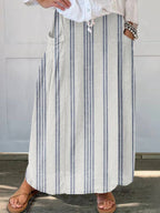 Chouyatou Women's Vertical Striped High Waist Maxi Skirt Vintage Floral Cotton Long Skirt with Pockets