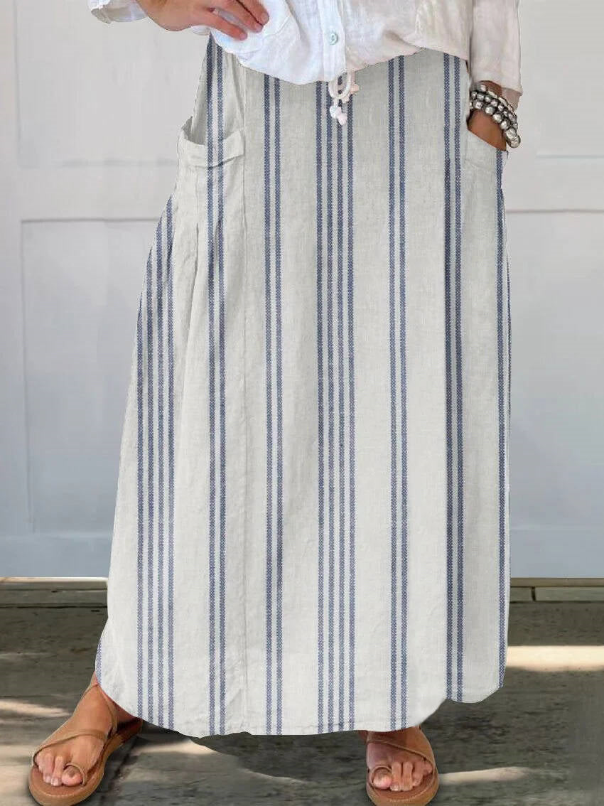 Chouyatou Women's Vertical Striped High Waist Maxi Skirt Vintage Floral Cotton Long Skirt with Pockets