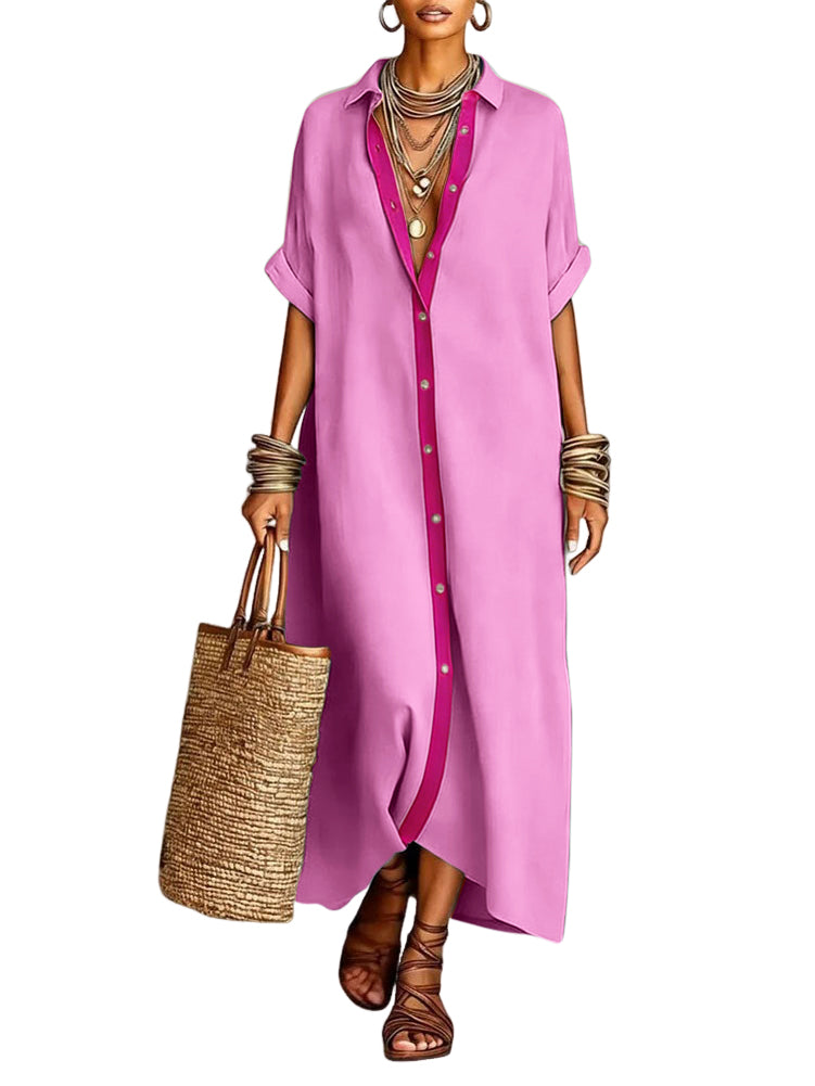 Chouyatou Women's Contrast Color Button Down Shirt Dress Short Sleeve Cotton Linen Casual Loose Beach Long Maxi Dress