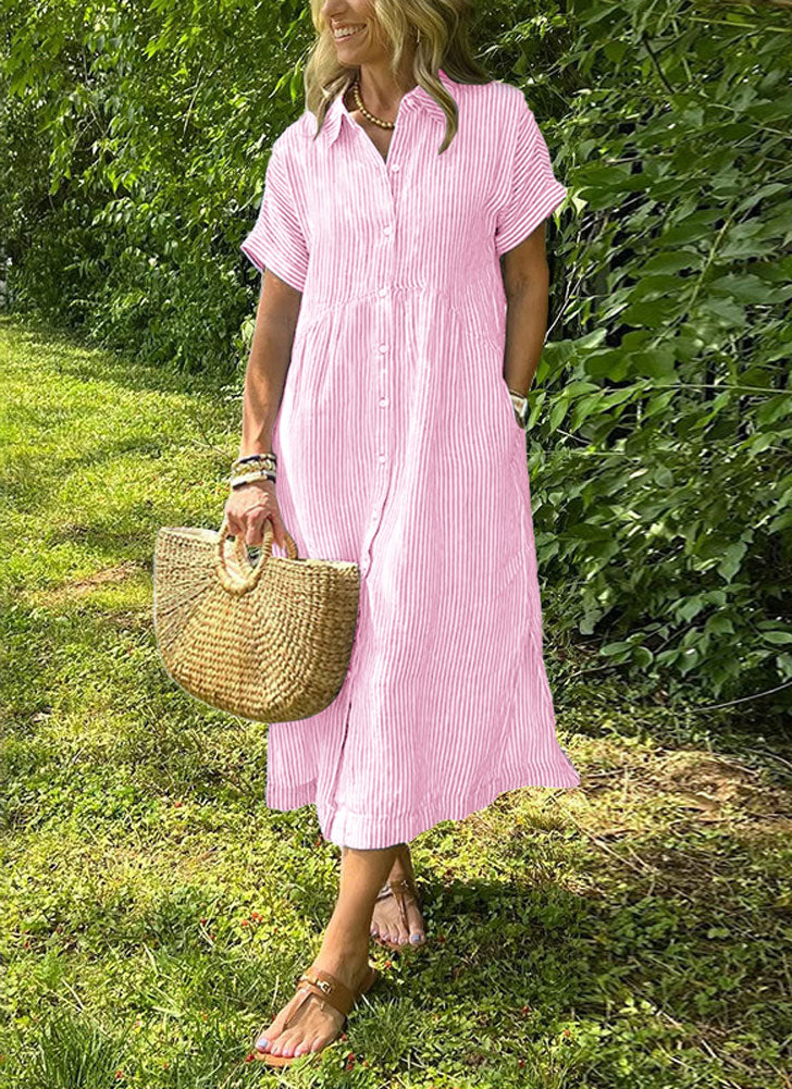 Chouyatou Women's Summer Striped Midi Long Shirt Dress Casual Loose Short Sleeve Button Down Dress