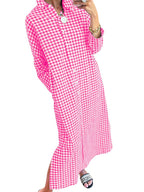 Chouyatou Women's Casual Loose Button Down Plaid Shirt Dress Long Sleeve Side Slit Cotton Gingham Maxi Dress