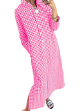 CHOUYATOU Women's Casual Loose Button Down Plaid Shirt Dress Long Sleeve Side Slit Cotton Gingham Maxi Dress