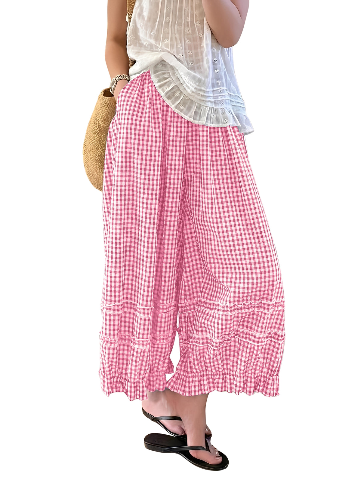 Chouyatou Women Summer Ruffle Hem Crop Cotton Linen Pants Beach Plaid Gingham Wide Leg Pants Palazzos