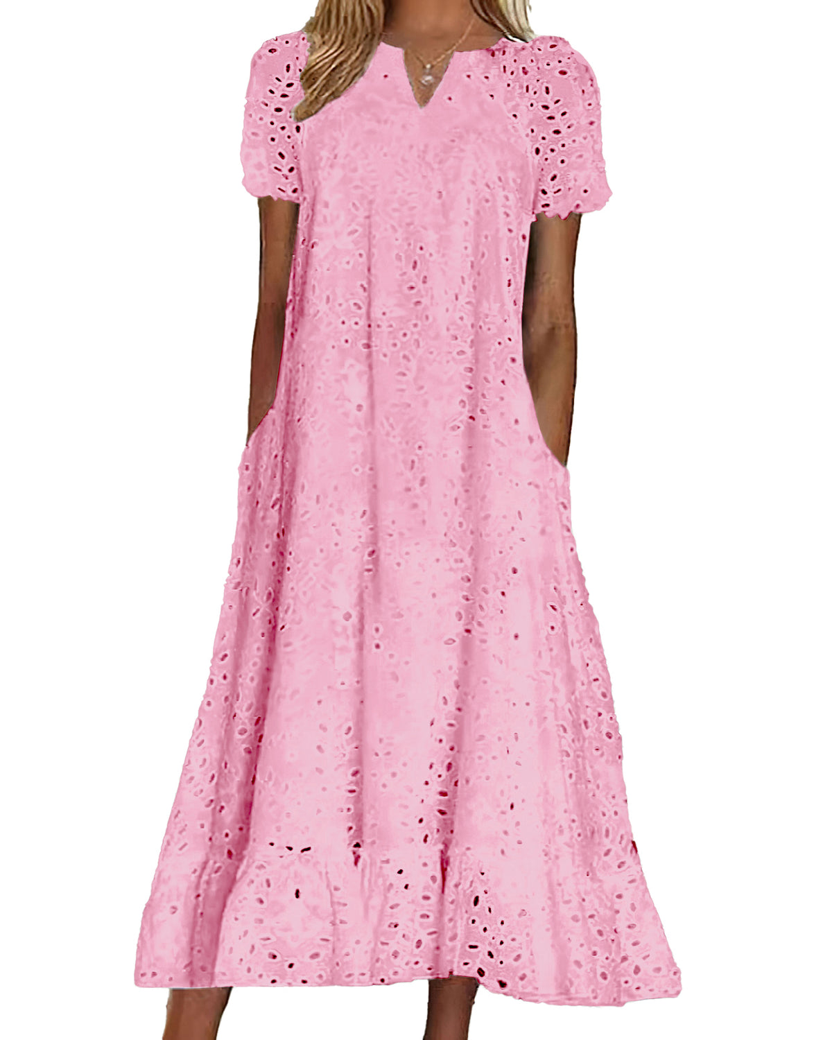 Chouyatou Women Summer Ruffle Hem Floral Lace Eyelet Dress Casual Notch Neck Midi Tunic Dress with Pocket