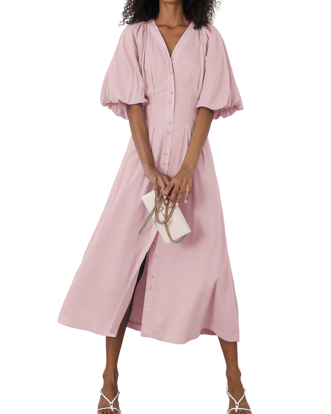 CHOUYATOU Women Summer Puff Sleeve Button Down Shirt Dress Flowy Elegant Business Casual Midi Long Dress