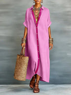Chouyatou Women's Contrast Color Button Down Shirt Dress Short Sleeve Cotton Linen Casual Loose Beach Long Maxi Dress