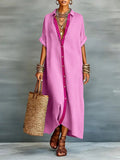 CHOUYATOU Women's Contrast Color Button Down Shirt Dress Short Sleeve Cotton Linen Casual Loose Beach Long Maxi Dress