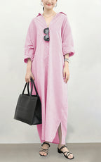 Chouyatou Women's Casual Long Sleeve Button Down Loose Striped Cotton Maxi Shirt Dress