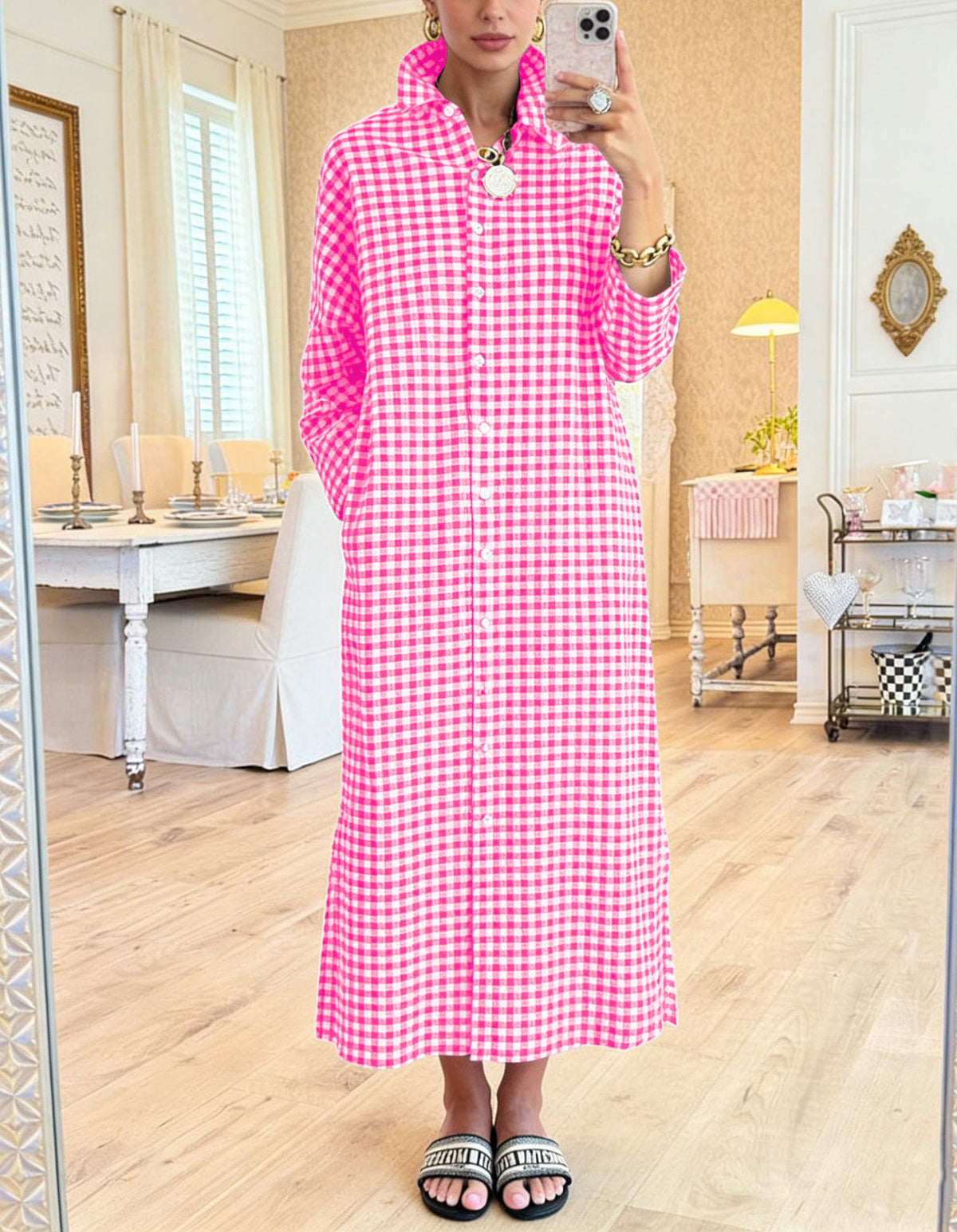 Chouyatou Women's Casual Loose Button Down Plaid Shirt Dress Long Sleeve Side Slit Cotton Gingham Maxi Dress