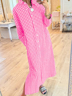 Chouyatou Women's Casual Loose Button Down Plaid Shirt Dress Long Sleeve Side Slit Cotton Gingham Maxi Dress