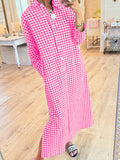 CHOUYATOU Women's Casual Loose Button Down Plaid Shirt Dress Long Sleeve Side Slit Cotton Gingham Maxi Dress