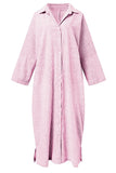 chouyatou Women's Casual Long Sleeve Button Down Loose Striped Cotton Maxi Shirt Dress