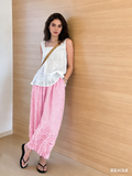 CHOUYATOU Women 2026 Summer Ruffle Hem Crop Cotton Linen Pants Beach Plaid Gingham Wide Leg Pants Palazzos