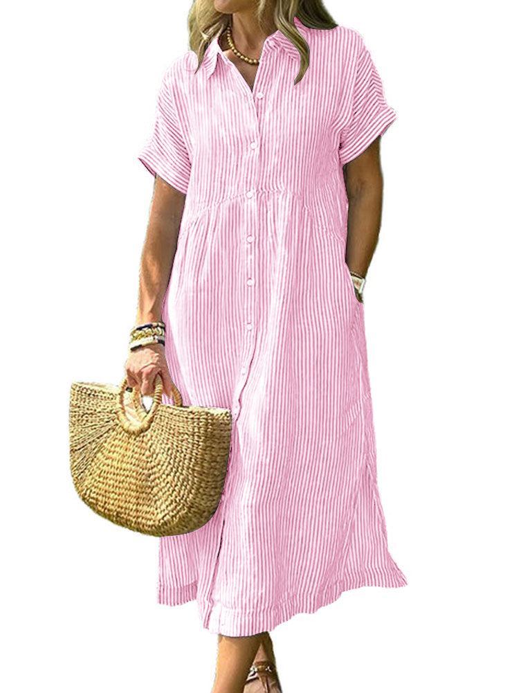 Chouyatou Women's Summer Striped Midi Long Shirt Dress Casual Loose Short Sleeve Button Down Dress