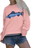 Chouyatou Women Fashion Crew Neck Rib Knit Crucian Carp Graphic Oversized Y2k Pullover Sweater Jumper