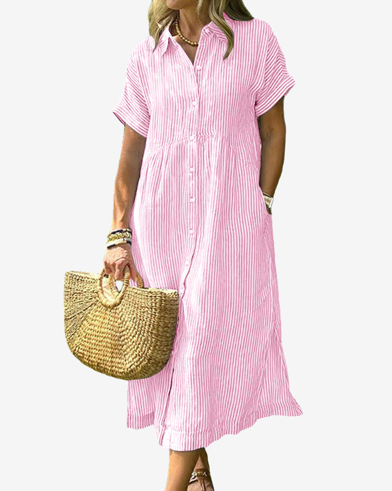 Chouyatou Women's Summer Striped Midi Long Shirt Dress Casual Loose Short Sleeve Button Down Dress