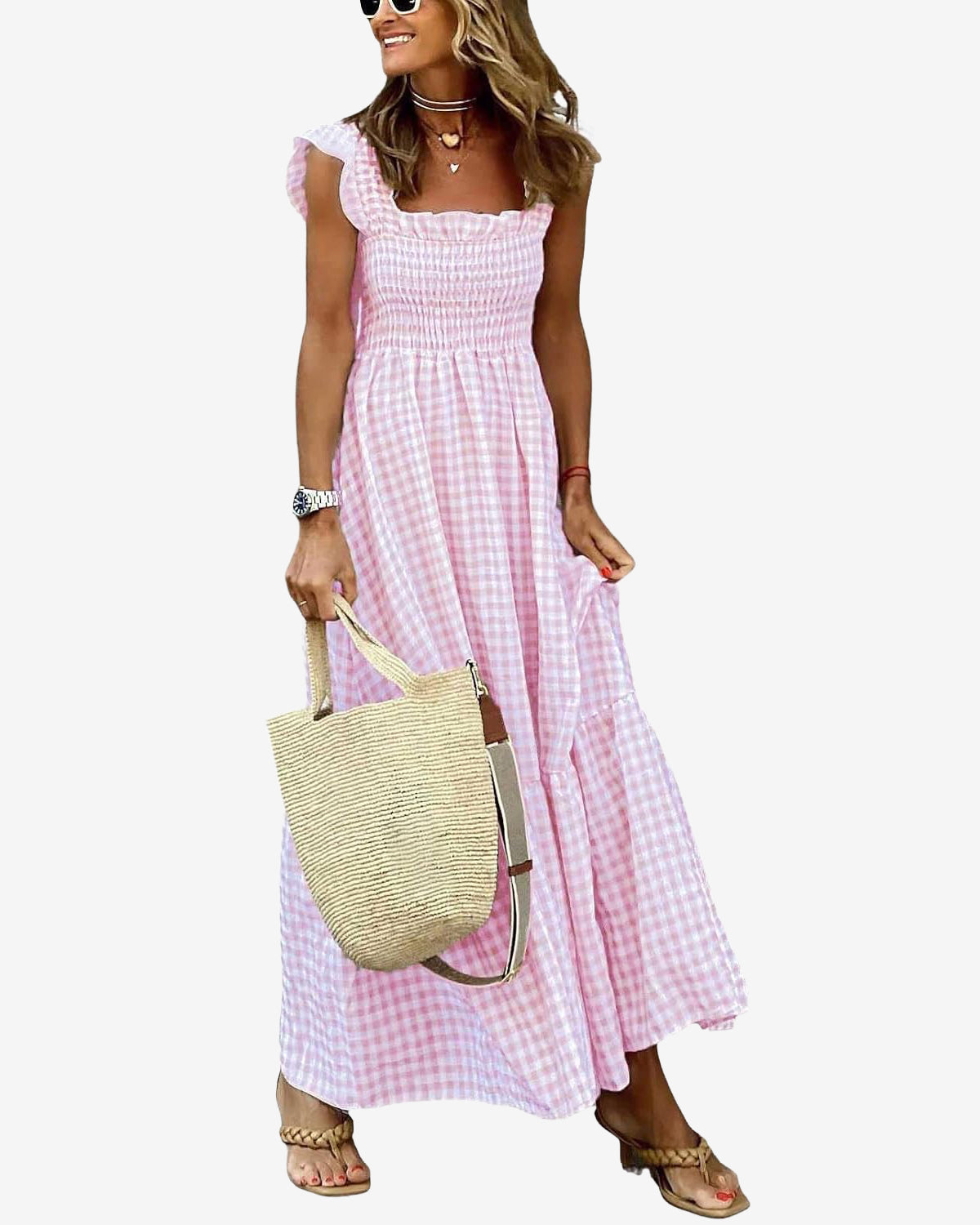 Chouyatou Women's Retro Plaid Smocked Dress Spaghetti Strap Flounce Long Dress