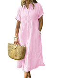CHOUYATOU Women's Summer Striped Midi Long Shirt Dress Casual Loose Short Sleeve Button Down Dress