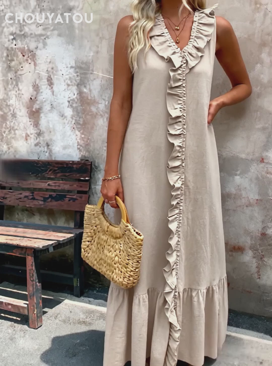 Chouyatou Women's Summer Beach Cotton Tank Dress Linen Boho Sleeveless Tiered Ruffle Maxi Long Sundress