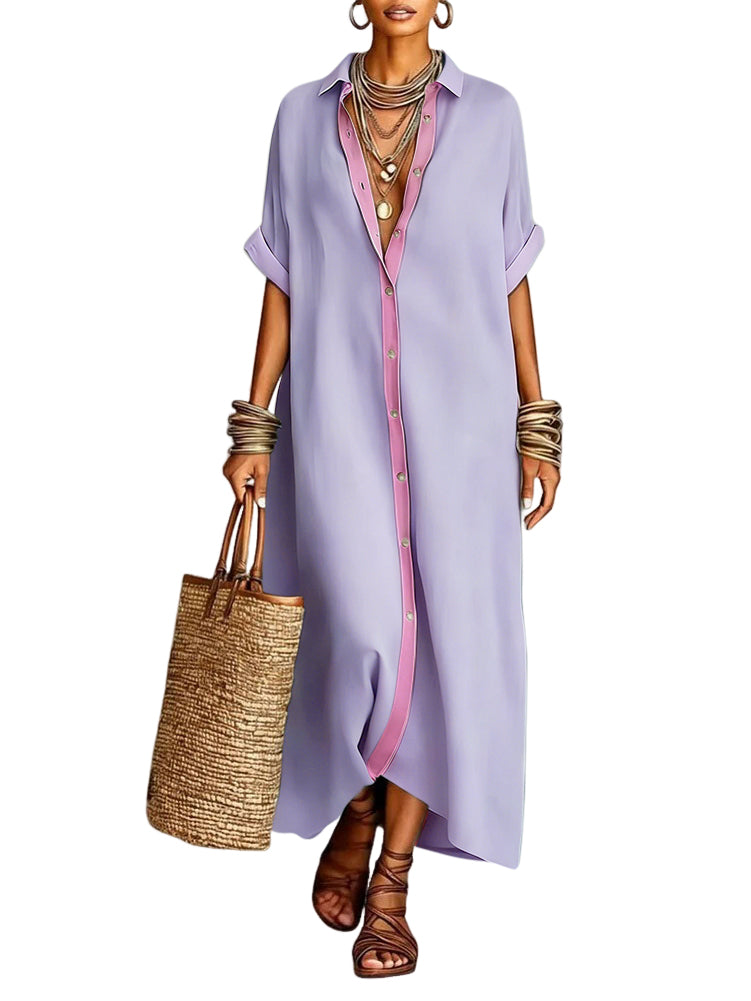 Chouyatou Women's Contrast Color Button Down Shirt Dress Short Sleeve Cotton Linen Casual Loose Beach Long Maxi Dress