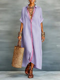 CHOUYATOU Women's Contrast Color Button Down Shirt Dress Short Sleeve Cotton Linen Casual Loose Beach Long Maxi Dress