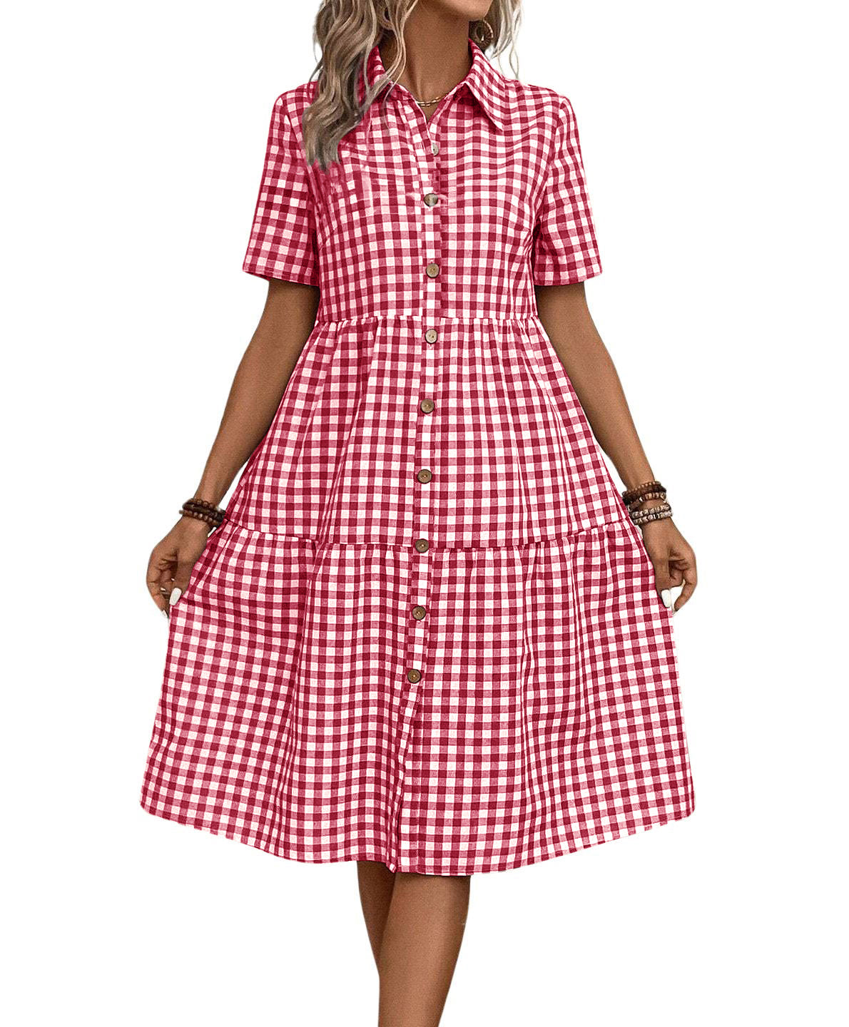 Chouyatou Women's Plaid Short Sleeve Button Down Shirt Dress Retro Gingham Button Up Tunic Midi Long Dress