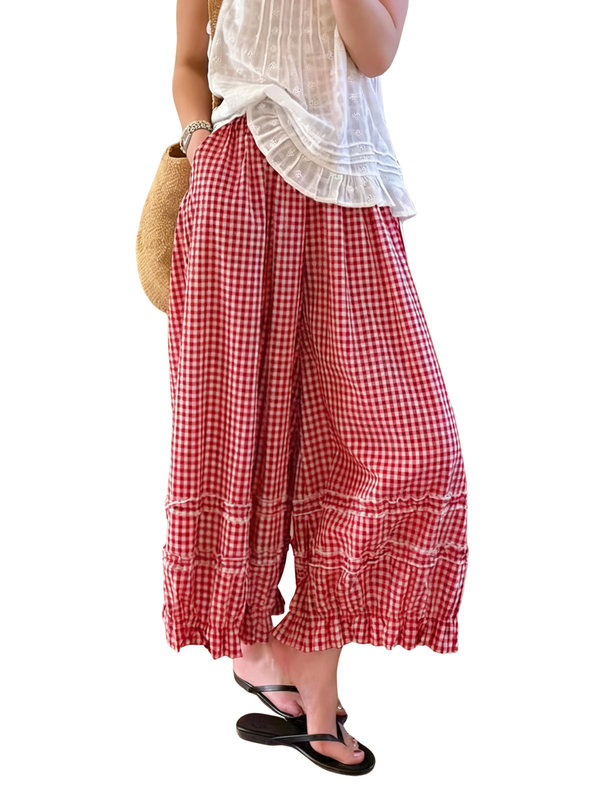 Chouyatou Women Summer Ruffle Hem Crop Cotton Linen Pants Beach Plaid Gingham Wide Leg Pants Palazzos
