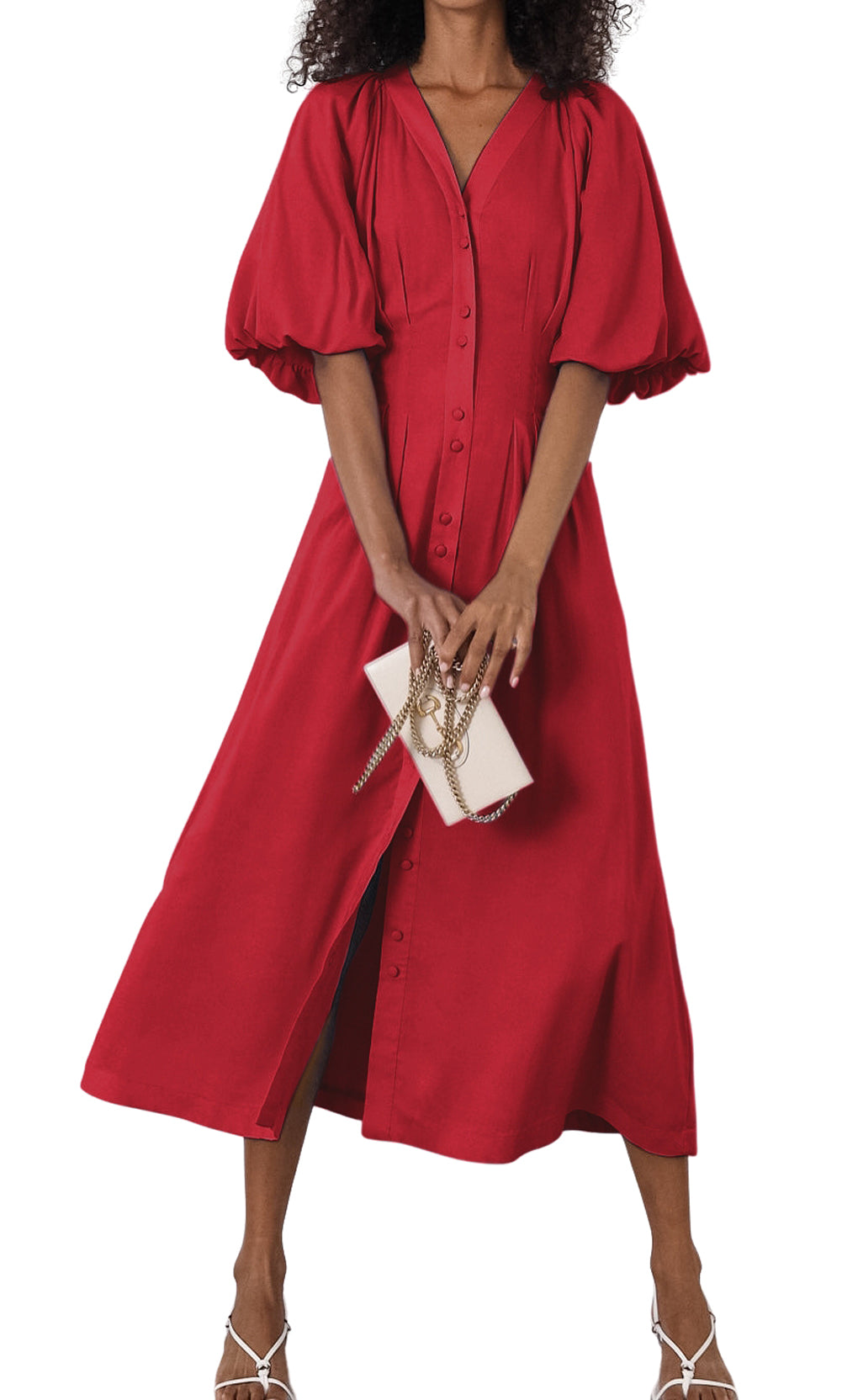 CHOUYATOU Women Summer Puff Sleeve Button Down Shirt Dress Flowy Elegant Business Casual Midi Long Dress