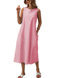 chouyatou Women's Casual Loose Vertical Striped Dress Crew Neck Sleeveless Midi Long Tank Dress with Pockets