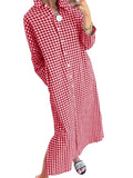 CHOUYATOU Women's Casual Loose Button Down Plaid Shirt Dress Long Sleeve Side Slit Cotton Gingham Maxi Dress