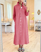Chouyatou Women's Casual Loose Button Down Plaid Shirt Dress Long Sleeve Side Slit Cotton Gingham Maxi Dress