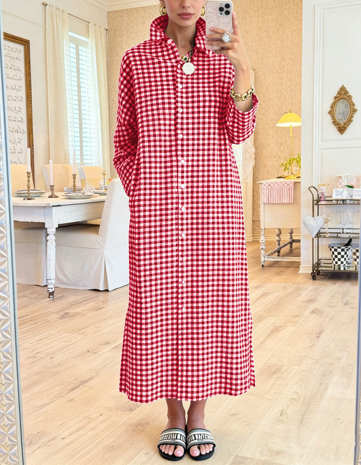 Chouyatou Women's Casual Loose Button Down Plaid Shirt Dress Long Sleeve Side Slit Cotton Gingham Maxi Dress