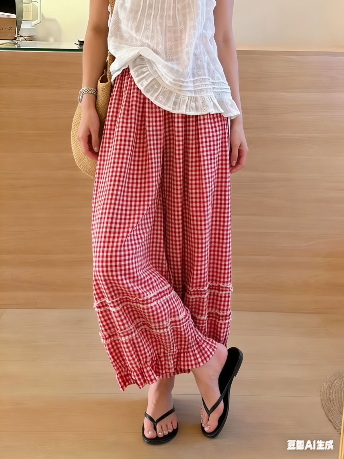 Chouyatou Women Summer Ruffle Hem Crop Cotton Linen Pants Beach Plaid Gingham Wide Leg Pants Palazzos