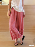 CHOUYATOU Women 2026 Summer Ruffle Hem Crop Cotton Linen Pants Beach Plaid Gingham Wide Leg Pants Palazzos