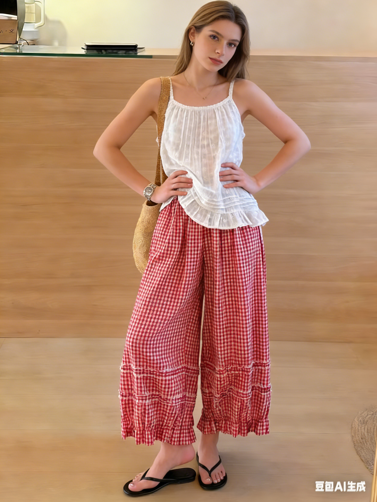 Chouyatou Women Summer Ruffle Hem Crop Cotton Linen Pants Beach Plaid Gingham Wide Leg Pants Palazzos