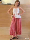 CHOUYATOU Women 2026 Summer Ruffle Hem Crop Cotton Linen Pants Beach Plaid Gingham Wide Leg Pants Palazzos