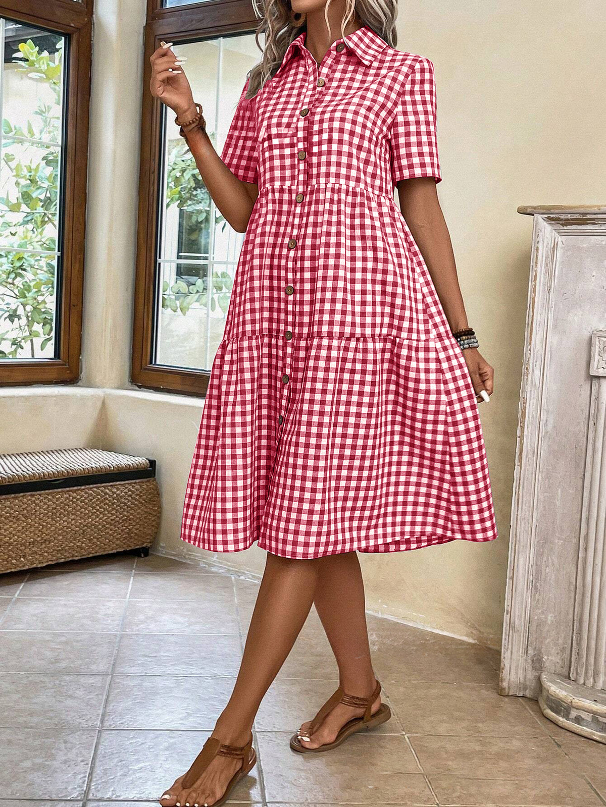 Chouyatou Women's Plaid Short Sleeve Button Down Shirt Dress Retro Gingham Button Up Tunic Midi Long Dress