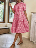 CHOUYATOU Women's Plaid Short Sleeve Button Down Shirt Dress Retro Gingham Button Up Tunic Midi Long Dress