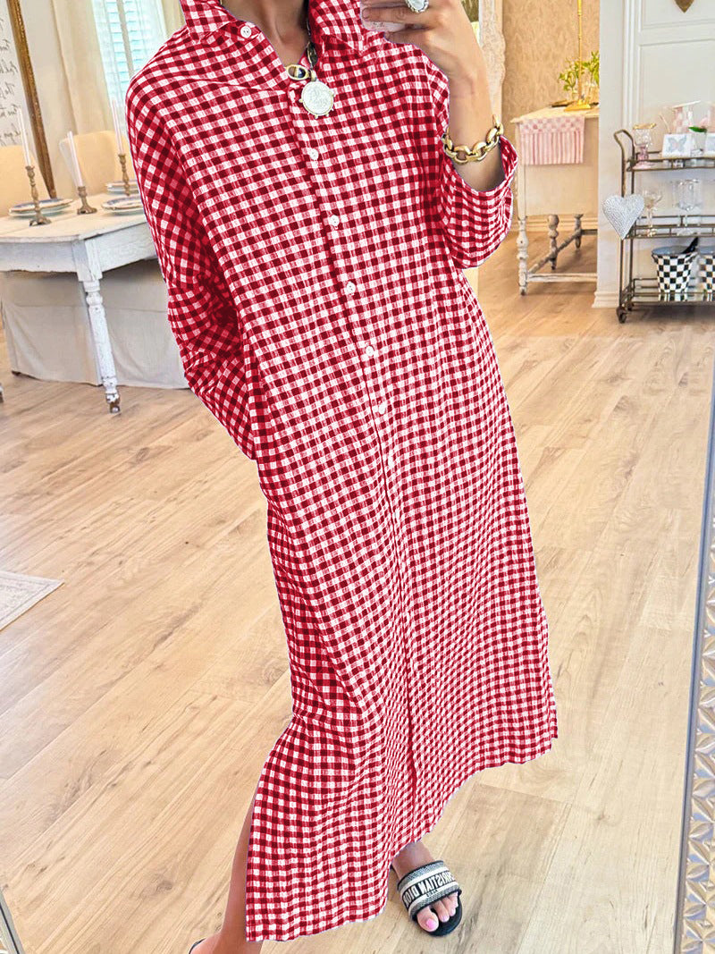 Chouyatou Women's Casual Loose Button Down Plaid Shirt Dress Long Sleeve Side Slit Cotton Gingham Maxi Dress