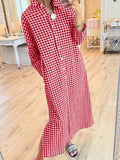 CHOUYATOU Women's Casual Loose Button Down Plaid Shirt Dress Long Sleeve Side Slit Cotton Gingham Maxi Dress