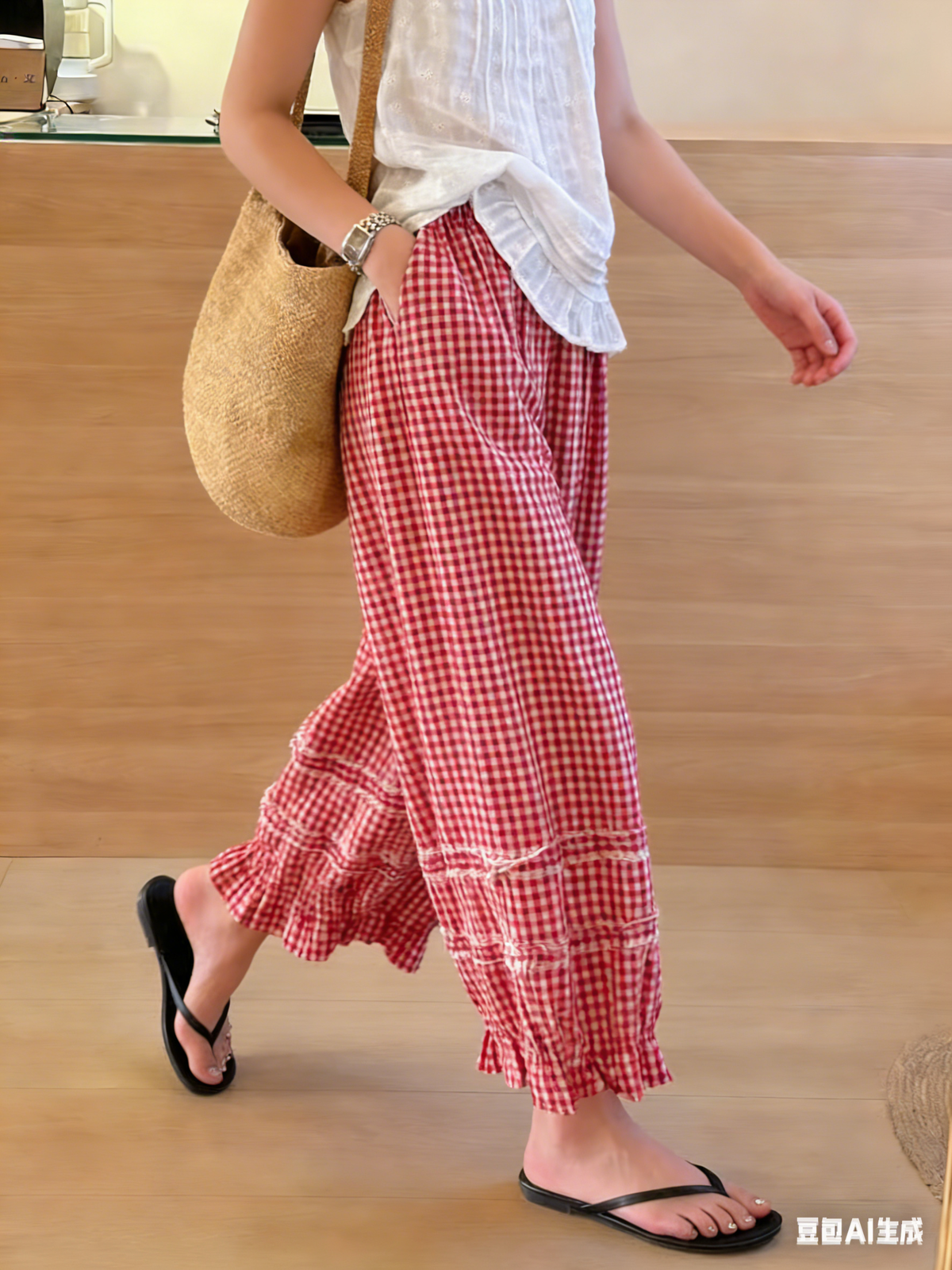 Chouyatou Women Summer Ruffle Hem Crop Cotton Linen Pants Beach Plaid Gingham Wide Leg Pants Palazzos