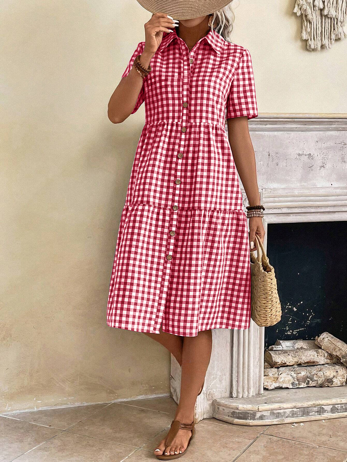 Chouyatou Women's Plaid Short Sleeve Button Down Shirt Dress Retro Gingham Button Up Tunic Midi Long Dress