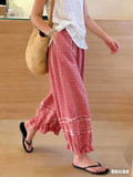 CHOUYATOU Women 2026 Summer Ruffle Hem Crop Cotton Linen Pants Beach Plaid Gingham Wide Leg Pants Palazzos