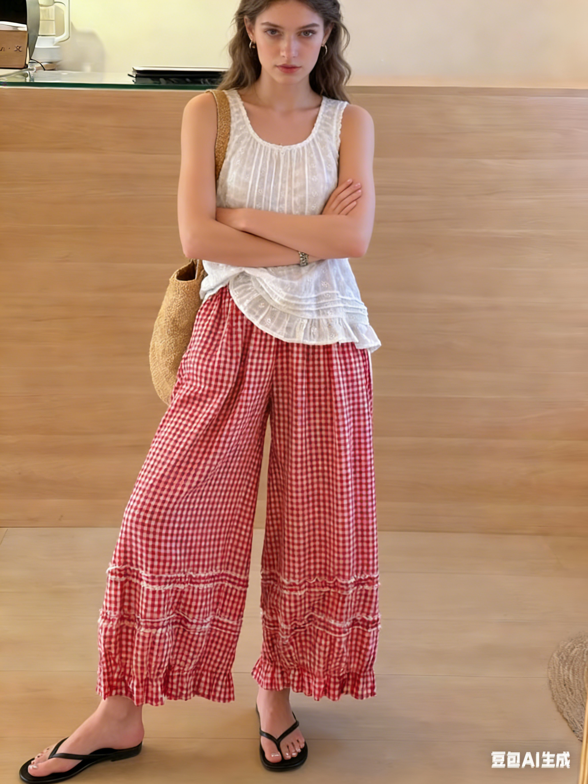 Chouyatou Women Summer Ruffle Hem Crop Cotton Linen Pants Beach Plaid Gingham Wide Leg Pants Palazzos