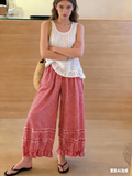 CHOUYATOU Women 2026 Summer Ruffle Hem Crop Cotton Linen Pants Beach Plaid Gingham Wide Leg Pants Palazzos